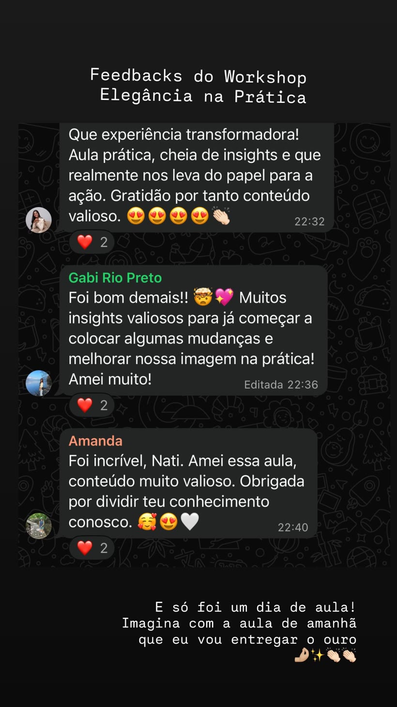 Feedbacks reais do Workshop Elegância na Prática